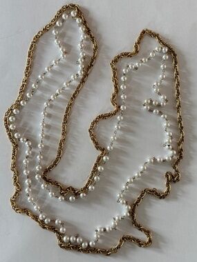 VINTAGE Extra Long Faux Pearls Textured Rope Chain Gold 60"